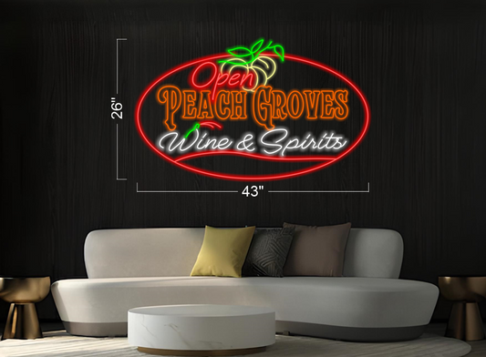 Peach Groves Wine & Spirits Logo and Come In We're Open  | LED Neon Sign