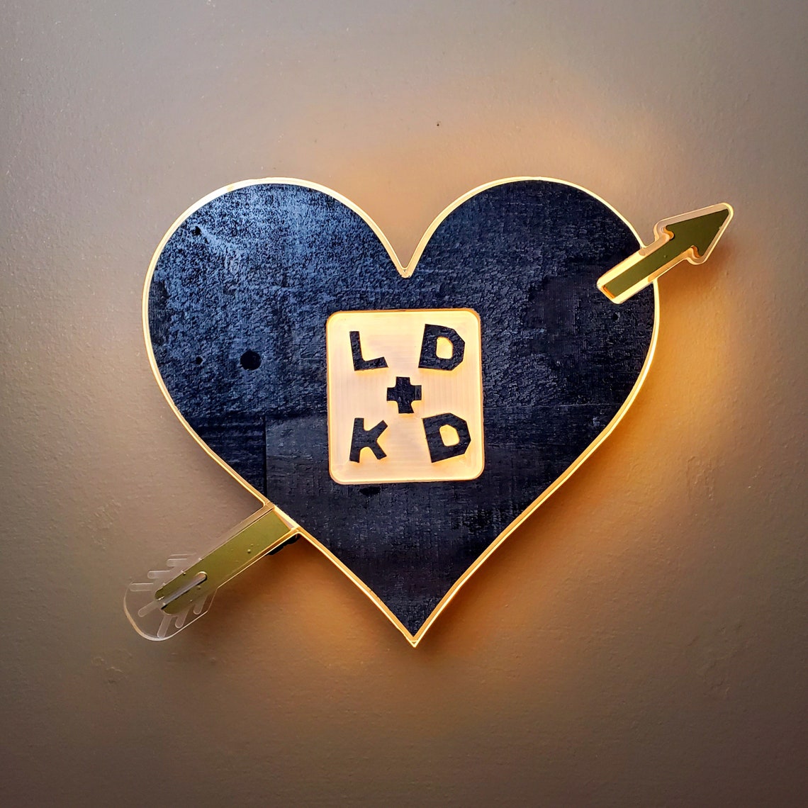 Custom Wood Cut Heart With Arrow And Initials | Edge Lit Acrylic Signs