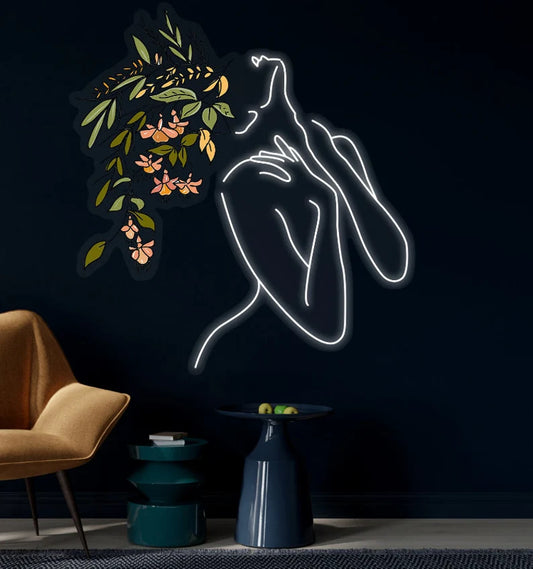 Line Art Woman With Flowers | LED Neon Sign